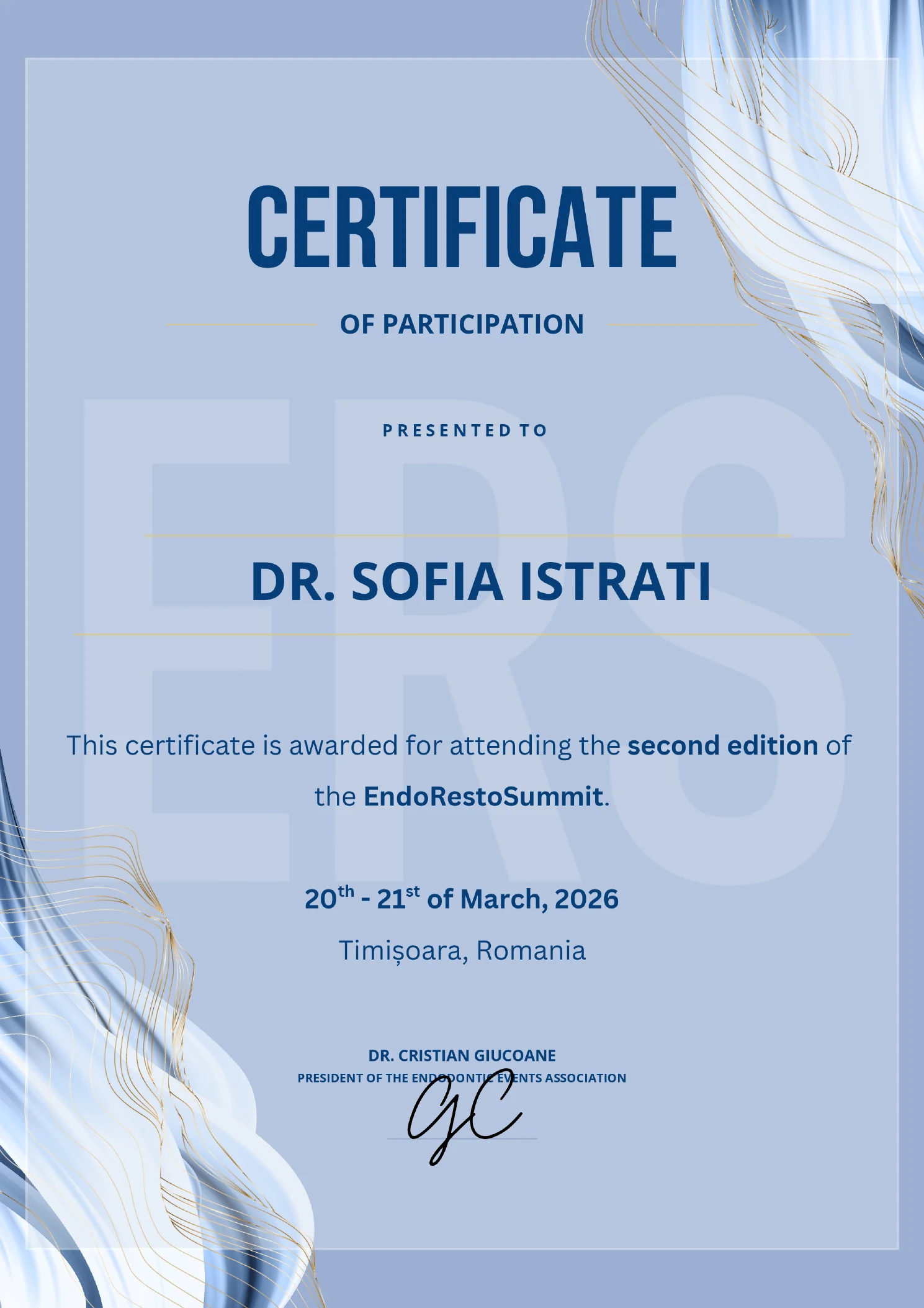 EndoRestoSummit certificate for Dr. Sofia Istrati